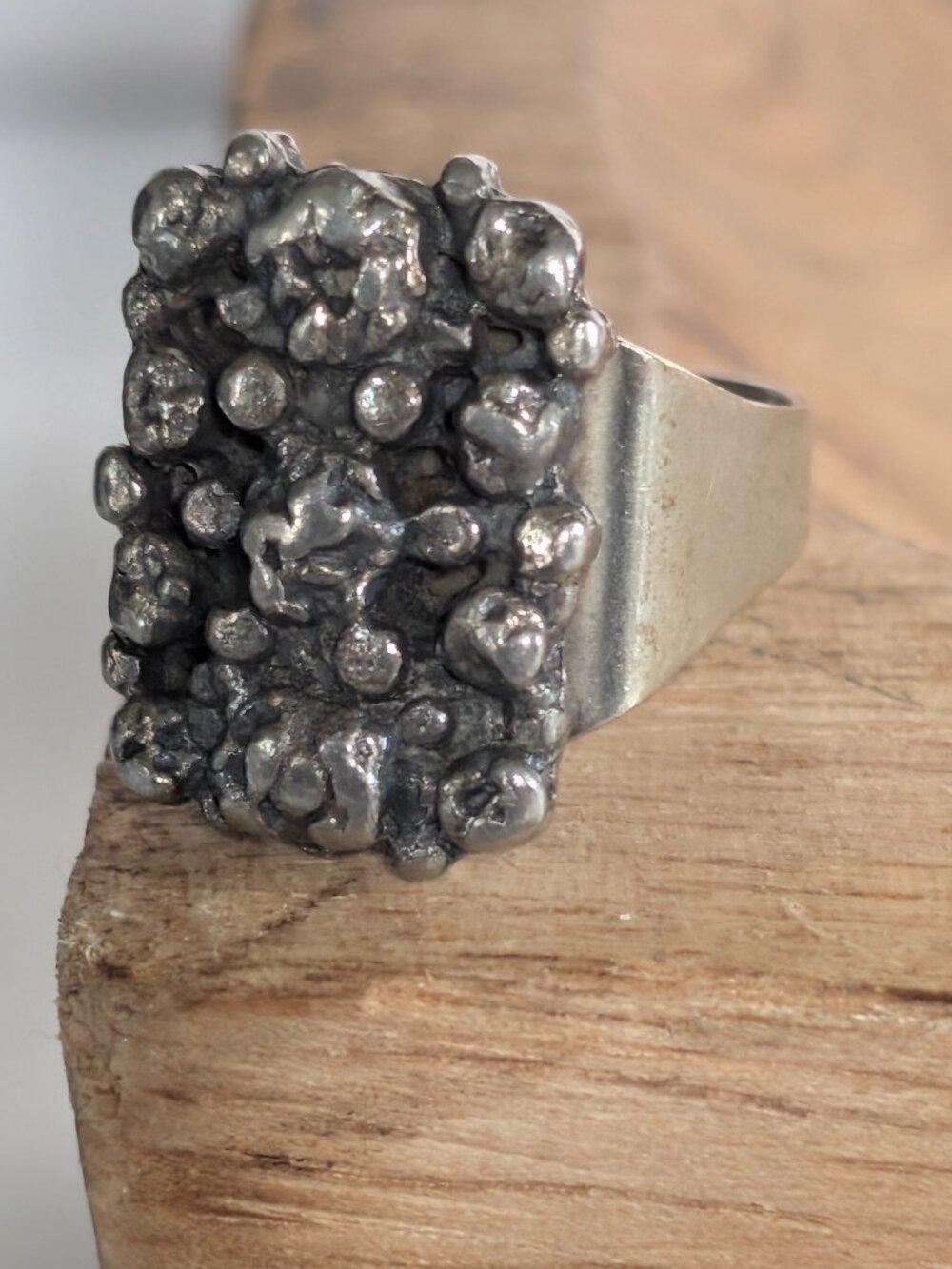 Brutalist Adjustable Ring 1970s Modernist Chunky Silver Tone Nugget Ring Sz 5.5